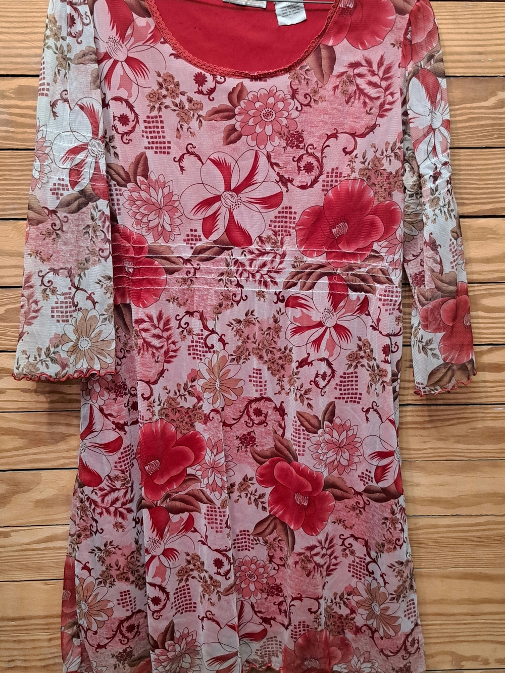 Ladies Y2K Red Floral Mesh Overlay Dress Sz L Boho Fairy Bell Sleeve Vintage 90s